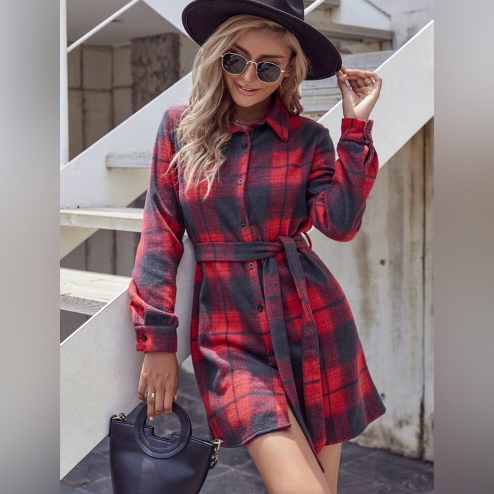 Plaid Belted Shirt Dress